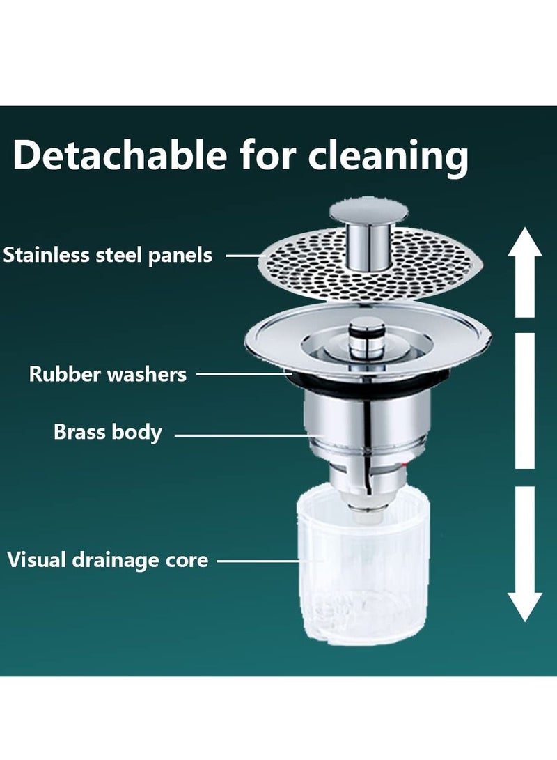 Sink Stopper, Anti-odour Pop Up Bath Plug Replacement Stainless Steel with Strainer, Push Down Bathroom Plugs for Wash Basins 2 Rubber Washers 30-40mm Hole - Image 2